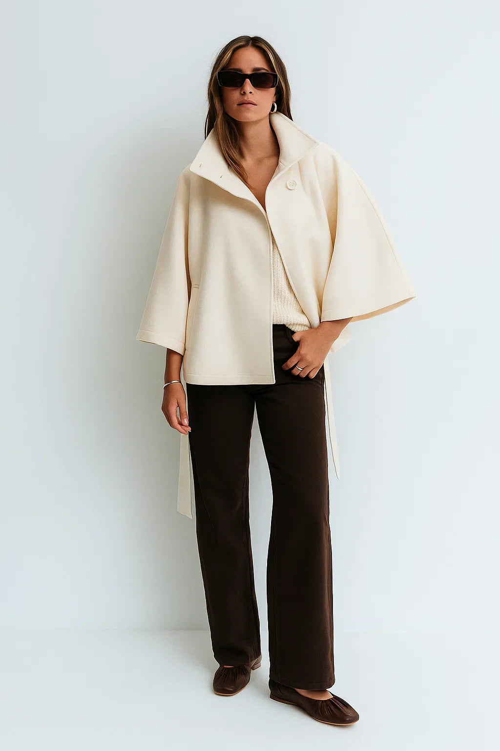 Cape Jacket with Belt | Stand Collar | Autumn Winter Layering