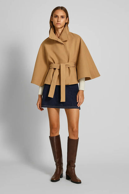 Cape Jacket with Belt | Stand Collar | Autumn Winter Layering