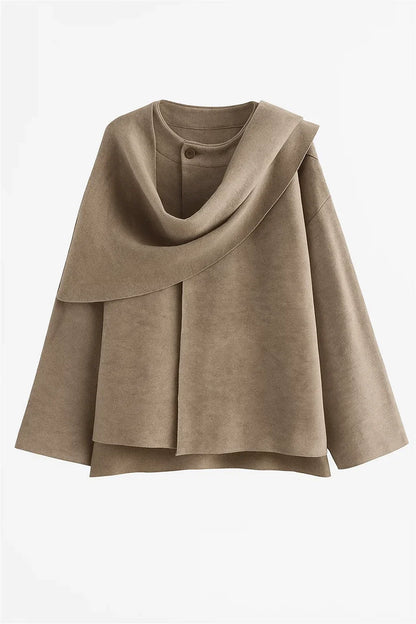 Asymmetric Draped Wool Coat | Scarf Collar Design