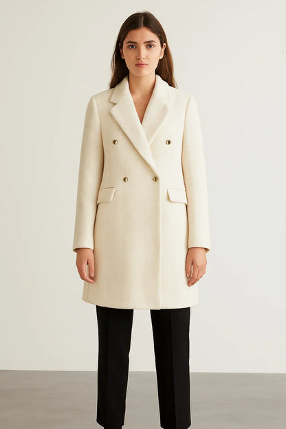 Long Wool Blend Coat | Chevron Weave | Double Breasted Gold Buttons