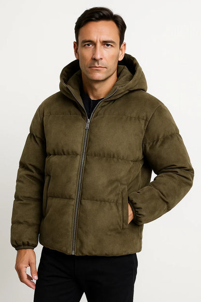 Maison Hooded Puffer Jacket | Suede Effect | Insulated Winter Outerwear