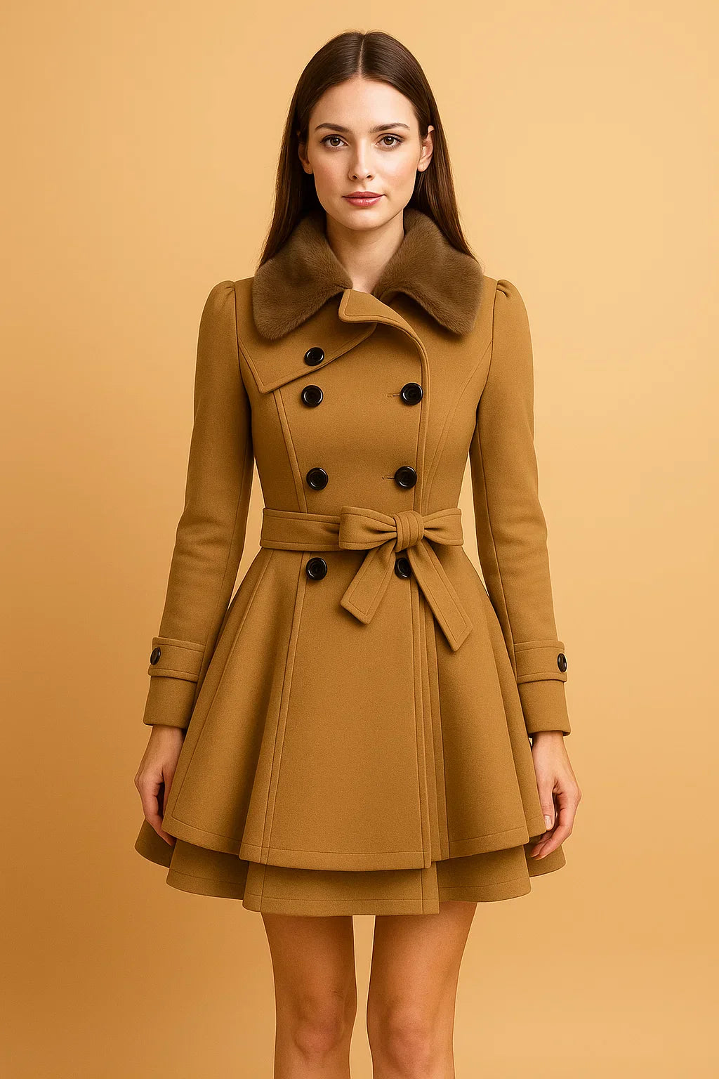 Nocturne Belted A-Line Coat | Faux Fur Collar