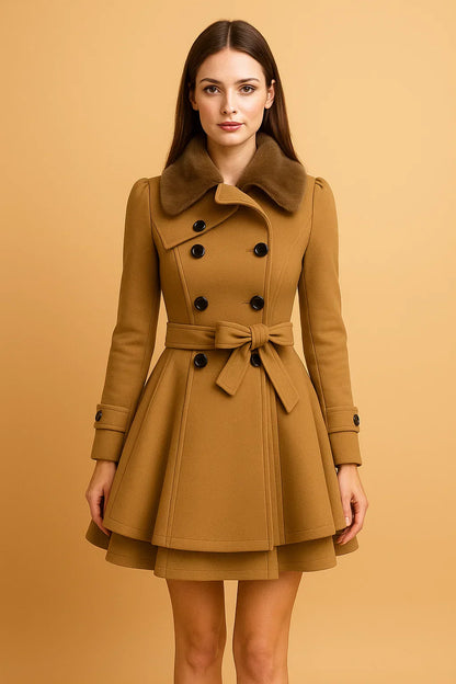 Nocturne Belted A-Line Coat | Faux Fur Collar