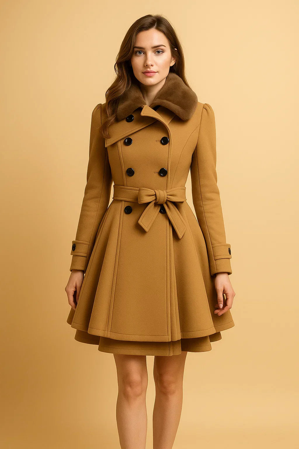 Nocturne Belted A-Line Coat | Faux Fur Collar