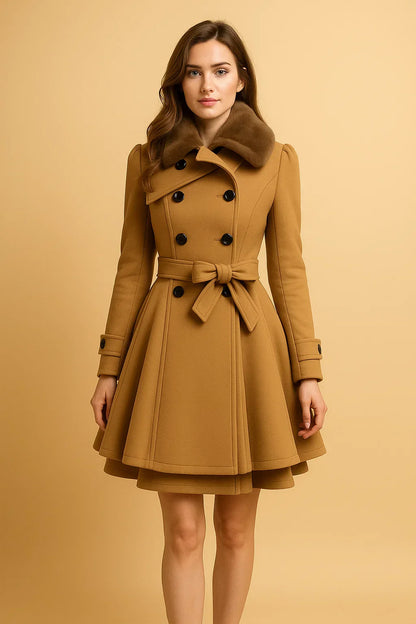 Nocturne Belted A-Line Coat | Faux Fur Collar