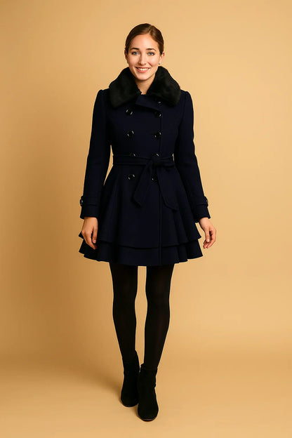 Nocturne Belted A-Line Coat | Faux Fur Collar