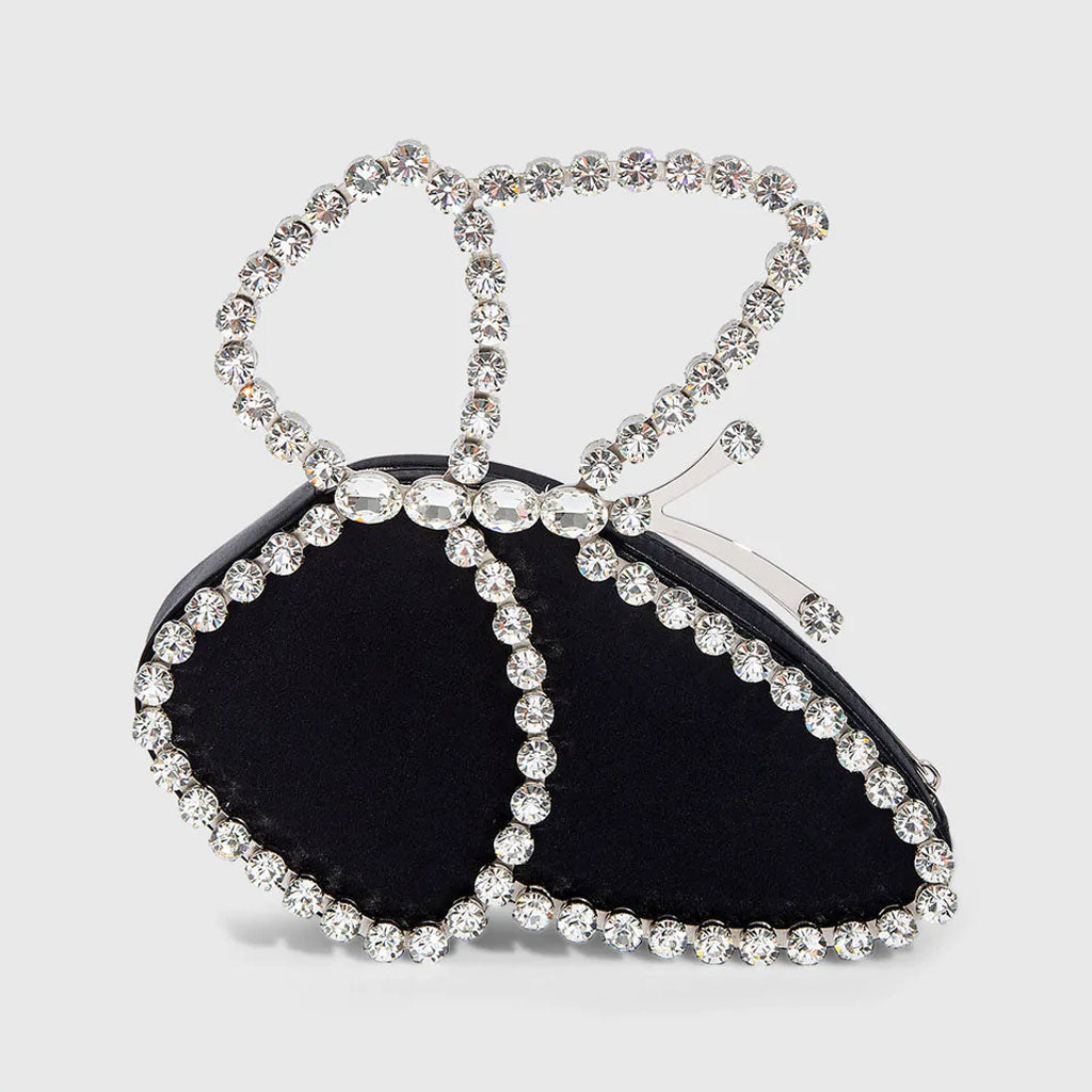 Black Satin Clutch Bag with Asymmetric Butterfly Rhinestone Design