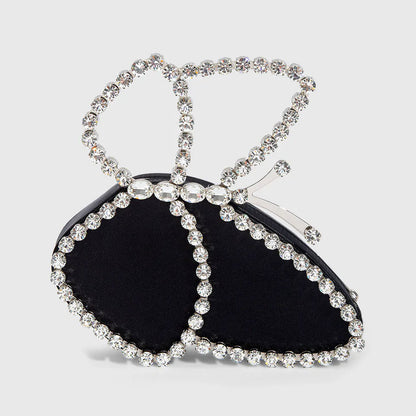 Black Satin Clutch Bag with Asymmetric Butterfly Rhinestone Design