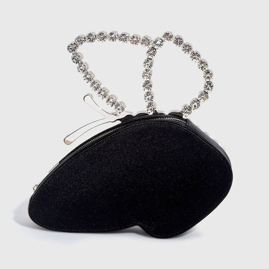 Black Satin Clutch Bag with Asymmetric Butterfly Rhinestone Design