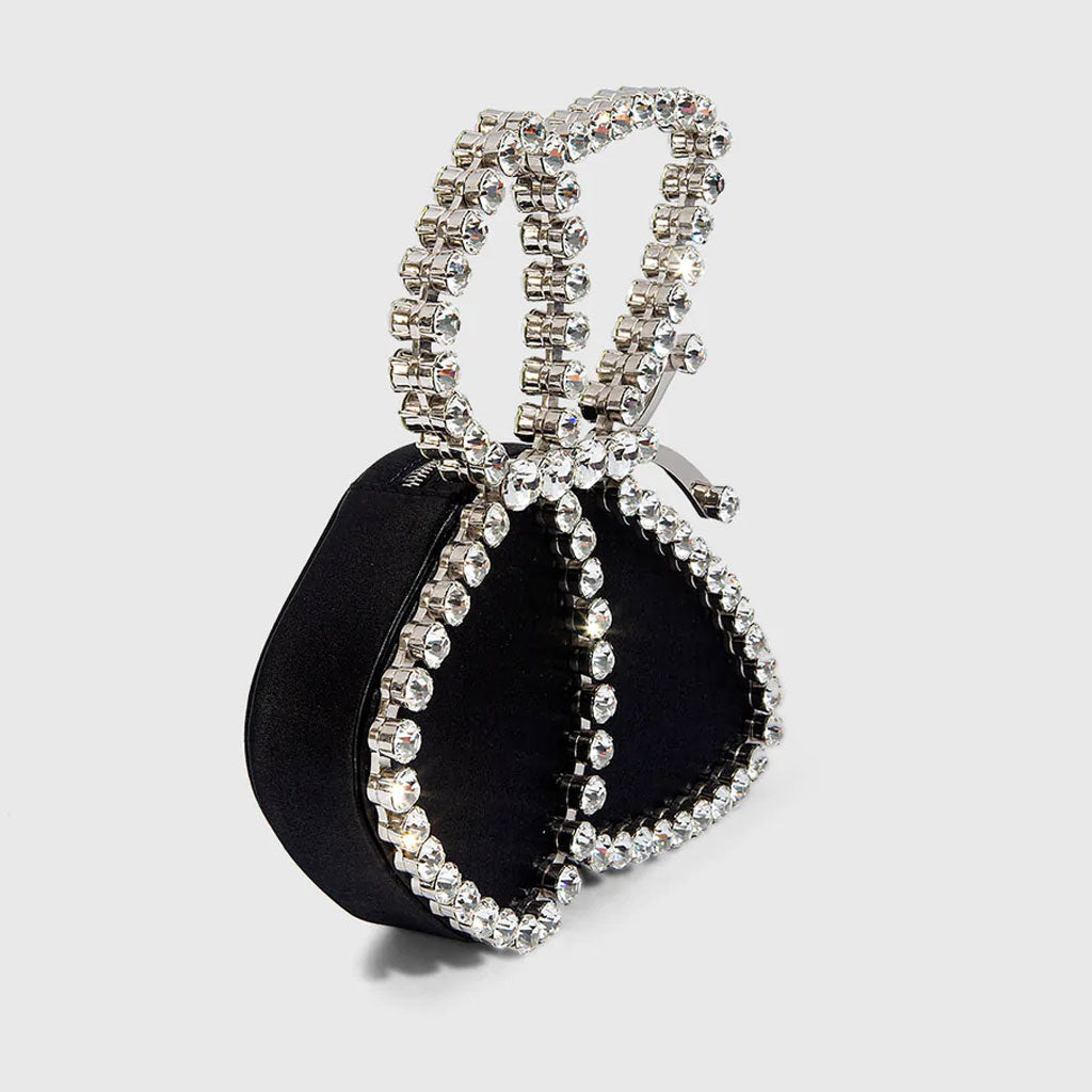 Black Satin Clutch Bag with Asymmetric Butterfly Rhinestone Design