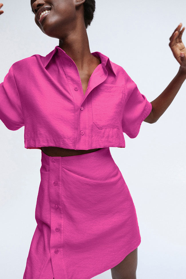 Asymmetric Button Front Short Sleeve Cutout Crop Shirt Wrap Mini Skirt Set