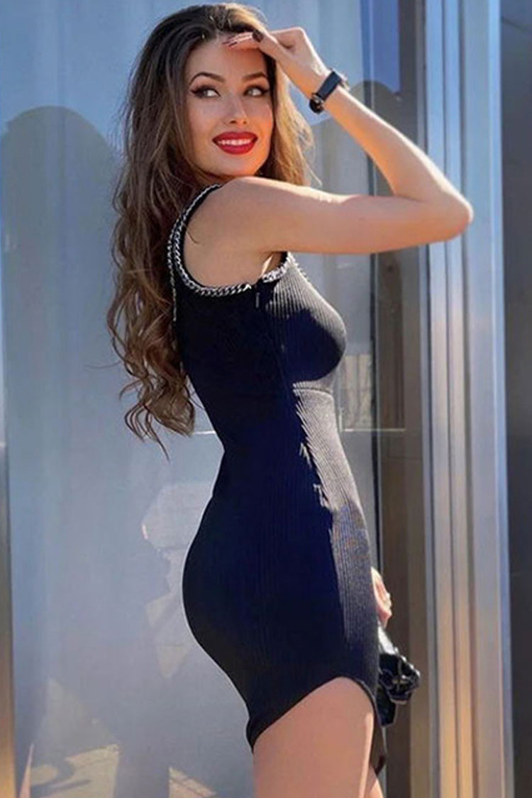 Rib Knit Chain Trim Scoop Neck Bodycon Mini Dress