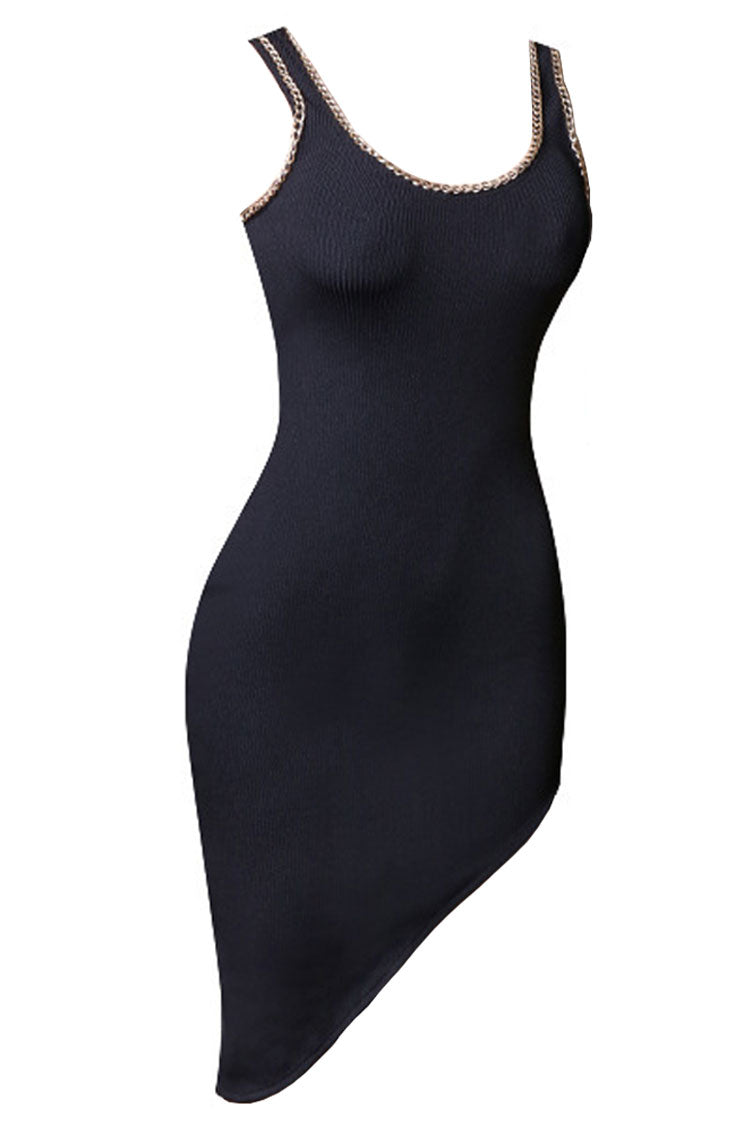 Rib Knit Chain Trim Scoop Neck Bodycon Mini Dress