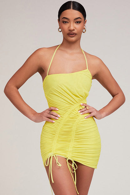 Halter Neck Asymmetric Ruched Drawstring Mesh Bodycon Mini Dress