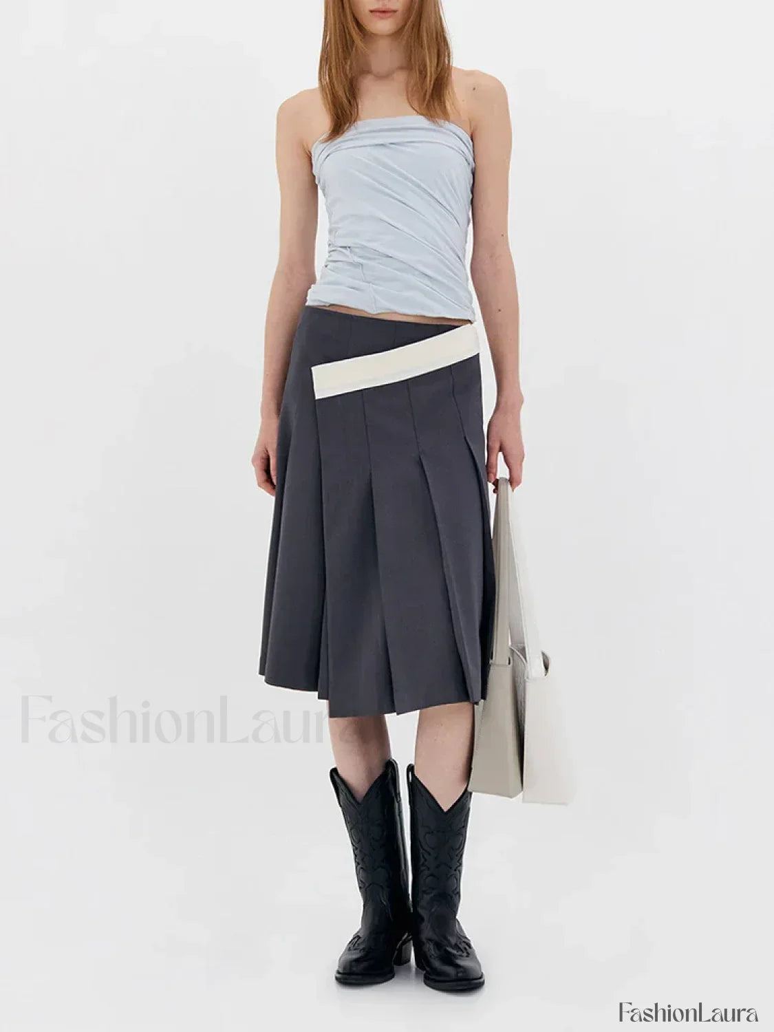 Asymmetric Striped Pleated Midi Skirt