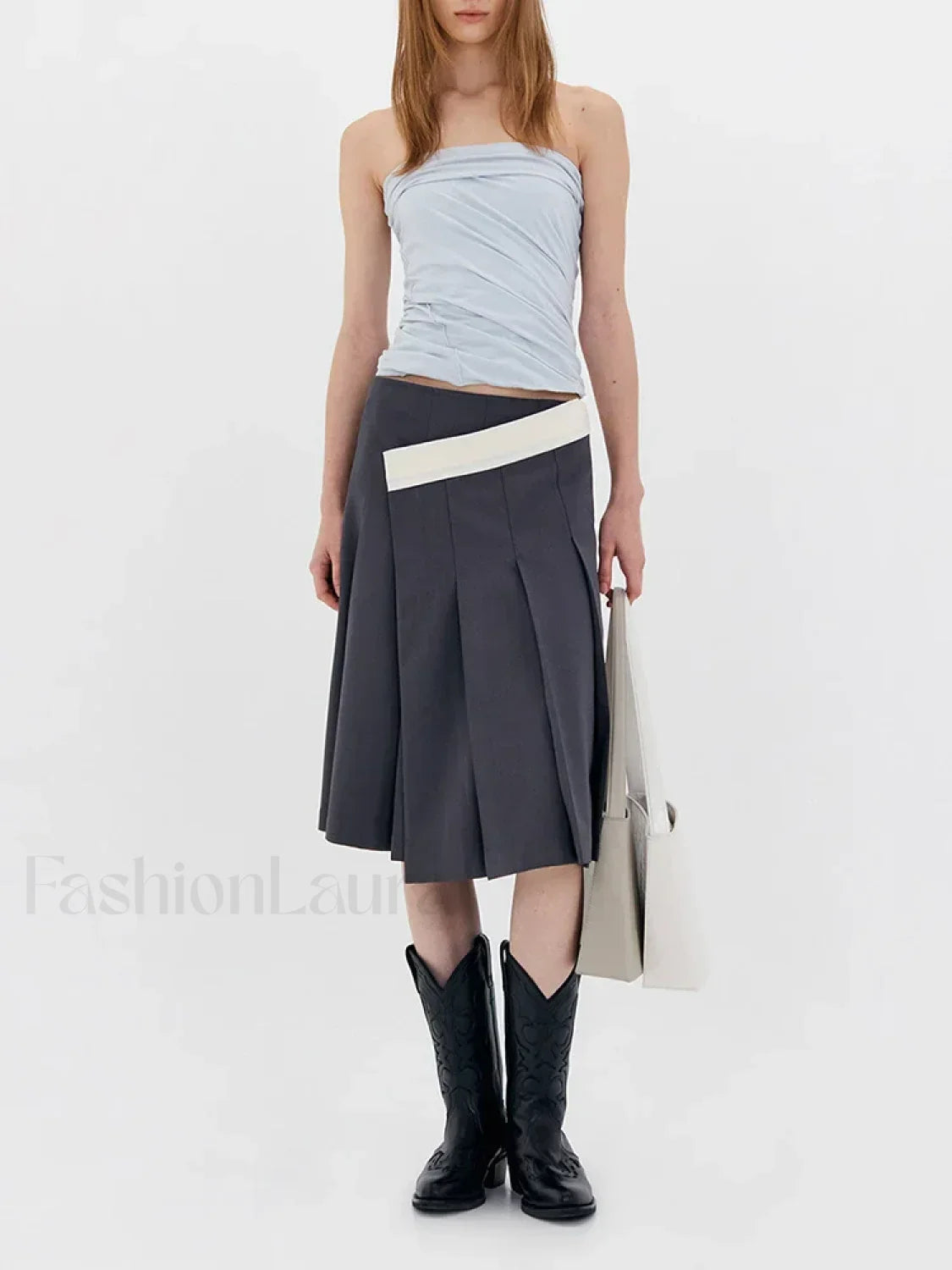 Asymmetric Striped Pleated Midi Skirt