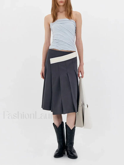 Asymmetric Striped Pleated Midi Skirt