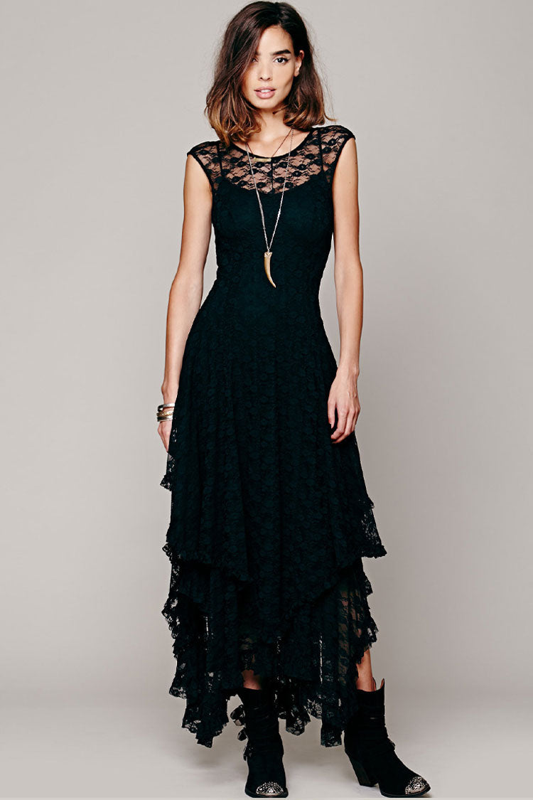 Sleeveless Floral Lace Tiered Asymmetric Hem Maxi Dress