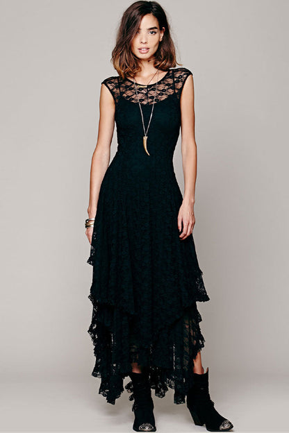 Sleeveless Floral Lace Tiered Asymmetric Hem Maxi Dress