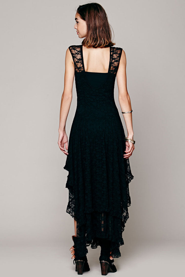 Sleeveless Floral Lace Tiered Asymmetric Hem Maxi Dress