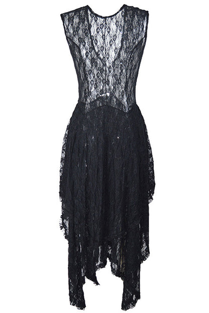 Sleeveless Floral Lace Tiered Asymmetric Hem Maxi Dress