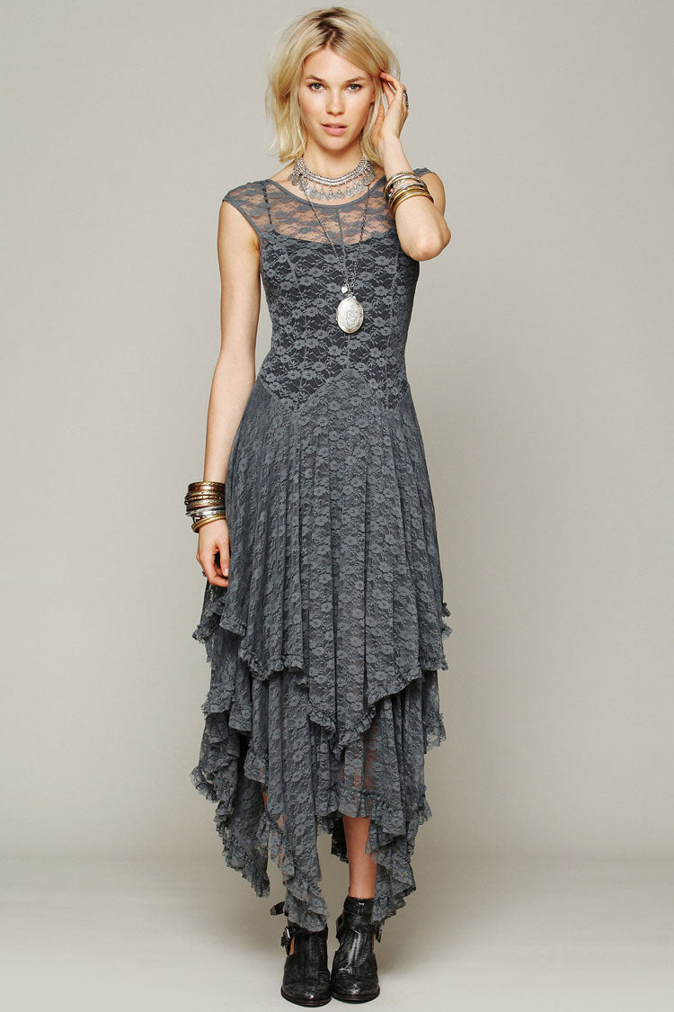 Floral Lace Sheer Yoke Dropped Waist Asymmetric Handkerchief Hem Midi Dress