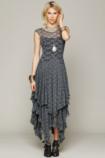 Floral Lace Sheer Yoke Dropped Waist Asymmetric Handkerchief Hem Midi Dress