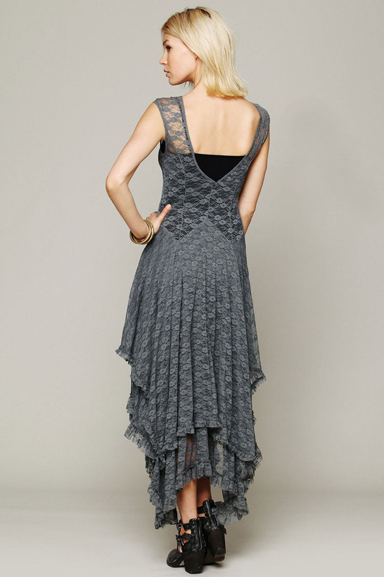 Floral Lace Sheer Yoke Dropped Waist Asymmetric Handkerchief Hem Midi Dress