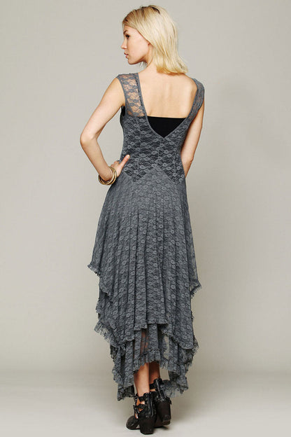 Floral Lace Sheer Yoke Dropped Waist Asymmetric Handkerchief Hem Midi Dress