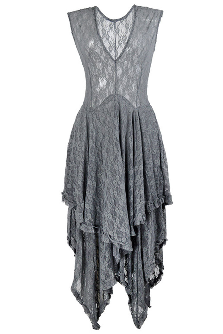 Floral Lace Sheer Yoke Dropped Waist Asymmetric Handkerchief Hem Midi Dress