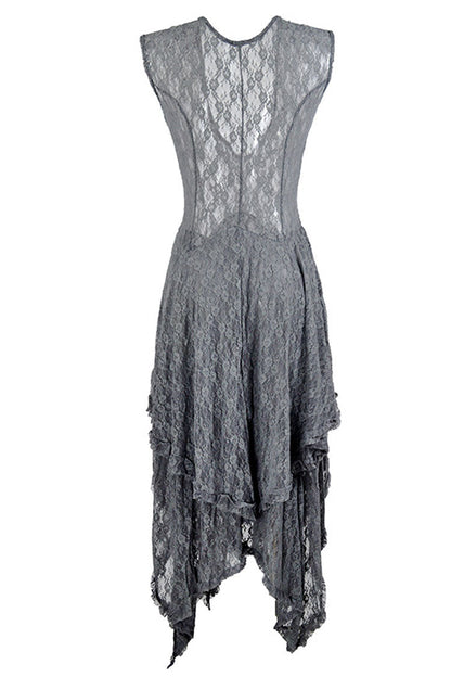 Floral Lace Sheer Yoke Dropped Waist Asymmetric Handkerchief Hem Midi Dress