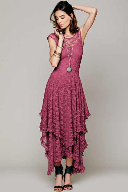 Lace Tiered Ruffle Asymmetric Hem Sleeveless Midi Dress