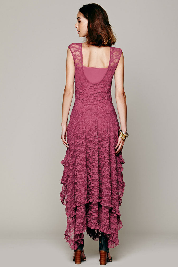 Lace Tiered Ruffle Asymmetric Hem Sleeveless Midi Dress