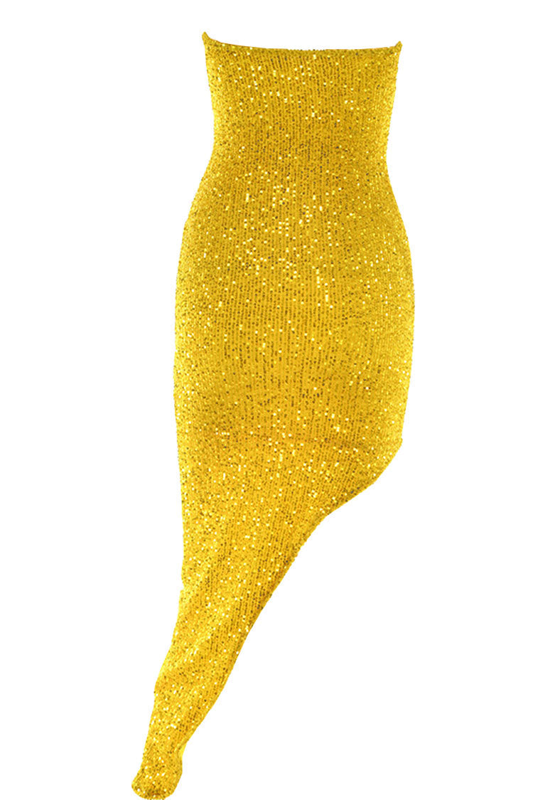 Strapless Sequin Bust Cutout Side Slit Bodycon Midi Dress