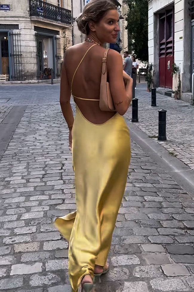 One Shoulder Asymmetric High Slit Backless Satin Column Maxi Dress