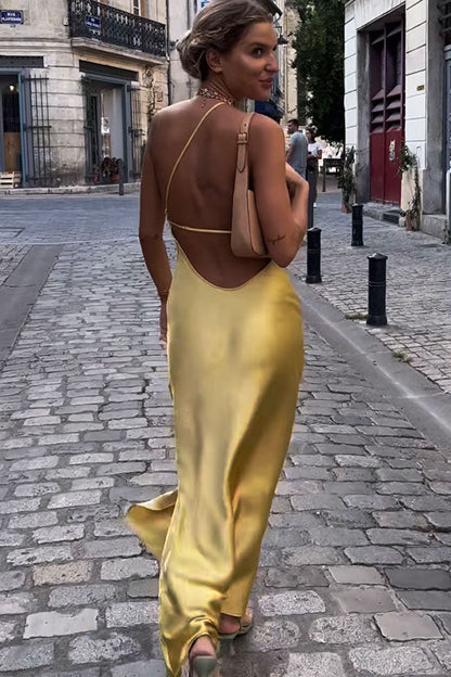One Shoulder Asymmetric High Slit Backless Satin Column Maxi Dress