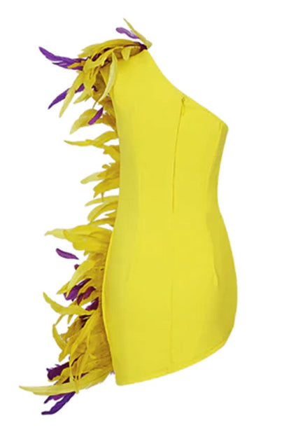 One Shoulder Feather Trim Asymmetrical Hem Mini Dress