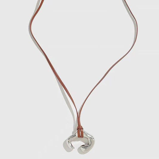 Rhodium Plated Asymmetrical Cuff Extra Long Leather Necklace