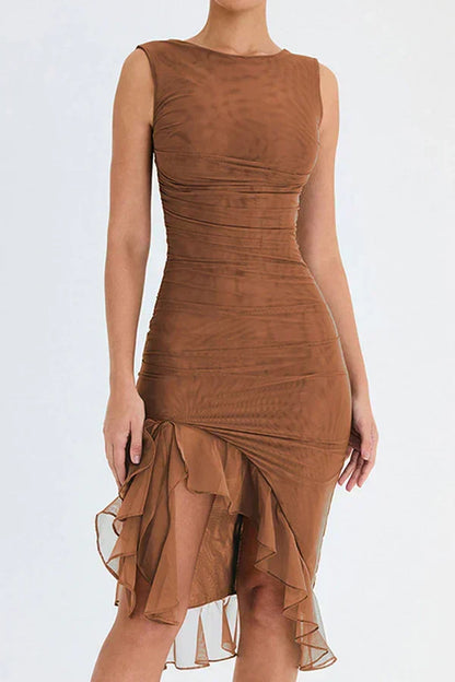 Boat Neck Sleeveless Ruched Mesh Asymmetric Ruffle Hem Bodycon Midi Dress