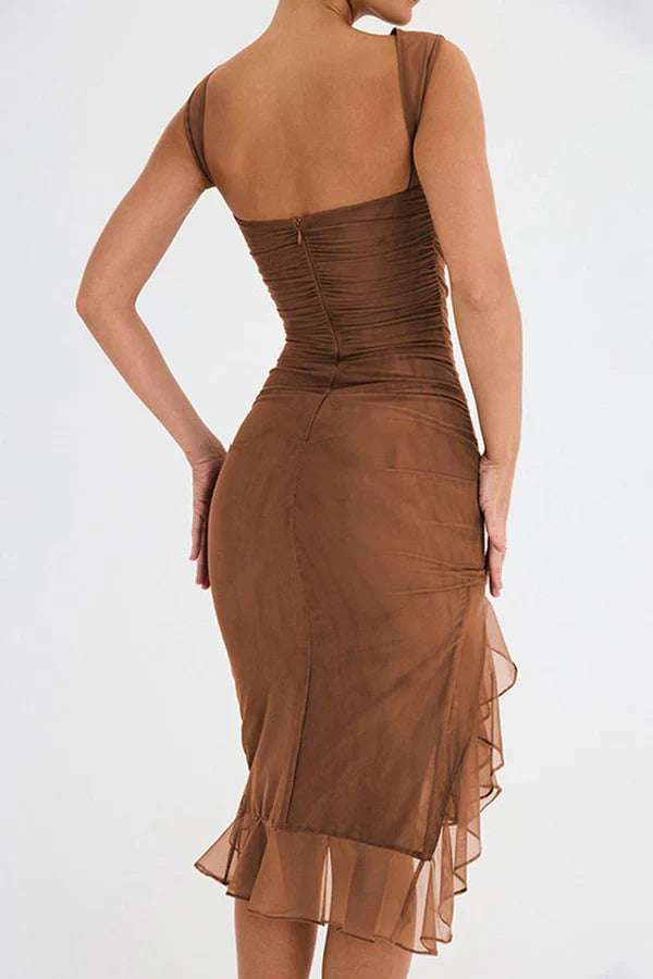 Boat Neck Sleeveless Ruched Mesh Asymmetric Ruffle Hem Bodycon Midi Dress