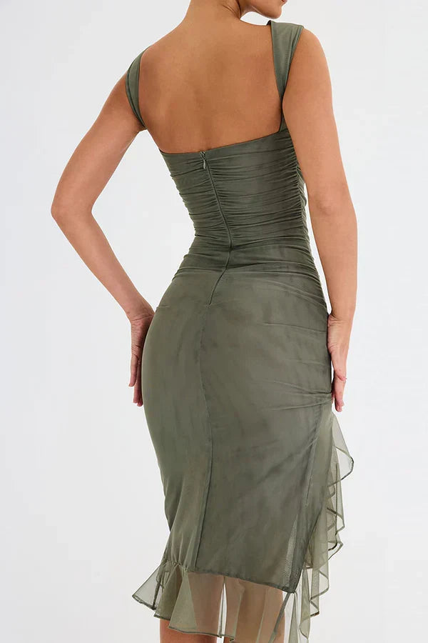 Boat Neck Sleeveless Ruched Mesh Asymmetric Ruffle Hem Bodycon Midi Dress