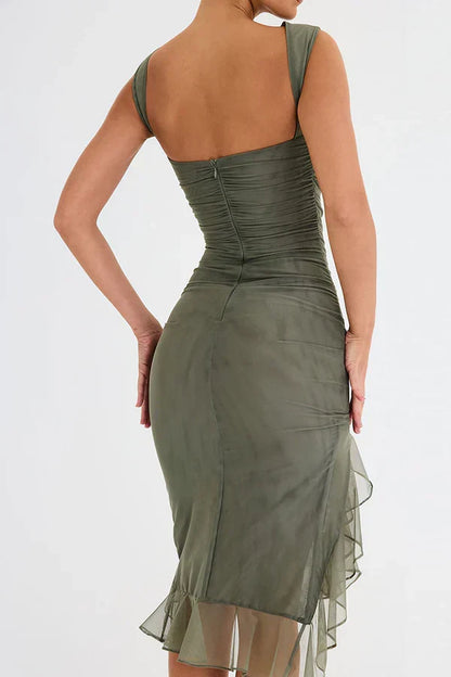Boat Neck Sleeveless Ruched Mesh Asymmetric Ruffle Hem Bodycon Midi Dress