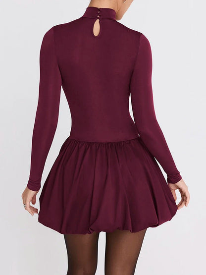 Mock Neck Long Sleeve Bubble Hem Fit and Flare Mini Dress