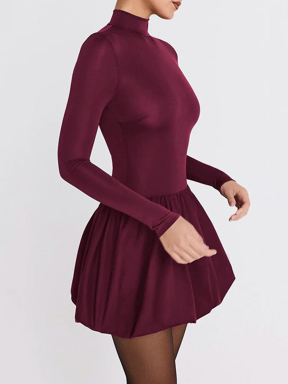 Mock Neck Long Sleeve Bubble Hem Fit and Flare Mini Dress
