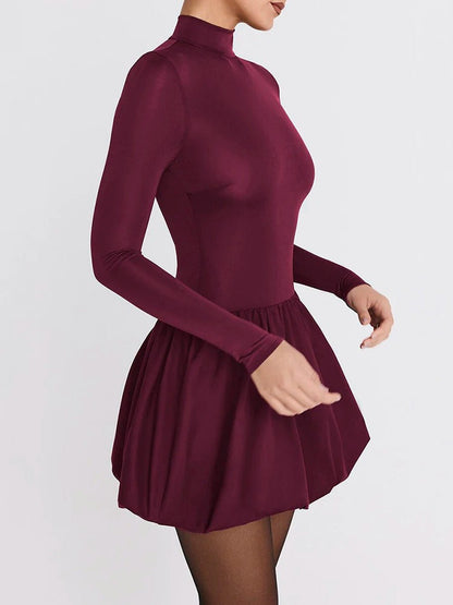 Mock Neck Long Sleeve Bubble Hem Fit and Flare Mini Dress