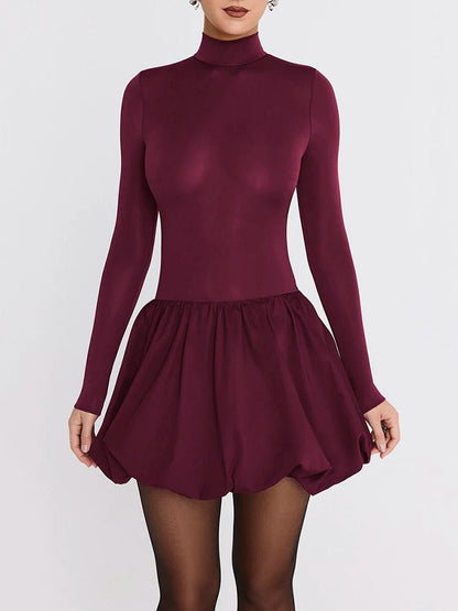 Mock Neck Long Sleeve Bubble Hem Fit and Flare Mini Dress