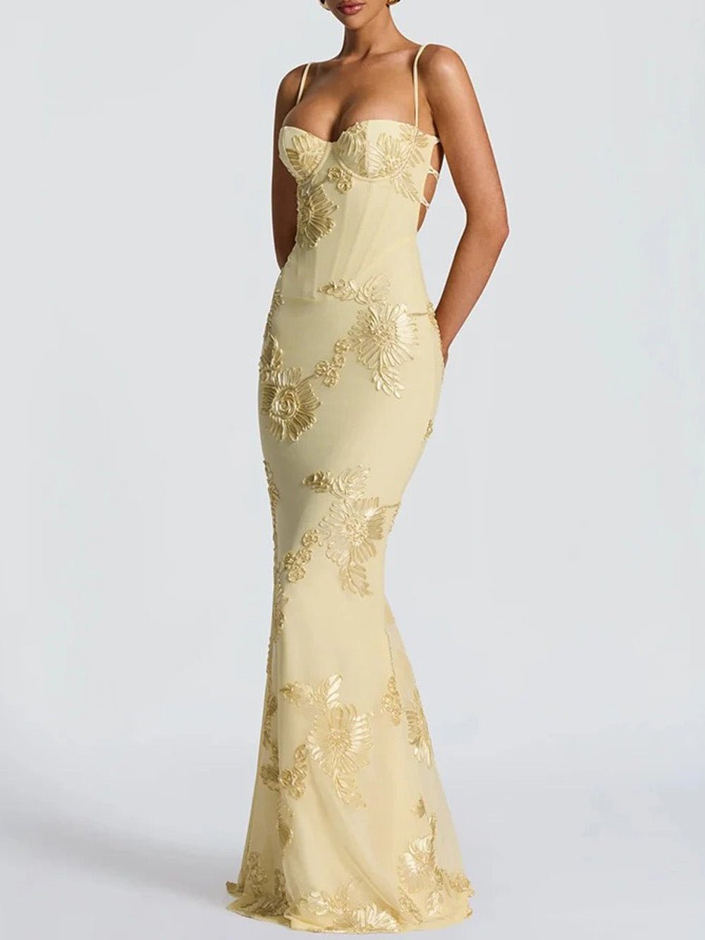 3D Floral Embroidery Corset Sweetheart Spaghetti Strap Mermaid Maxi Gown