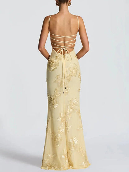 3D Floral Embroidery Corset Sweetheart Spaghetti Strap Mermaid Maxi Gown