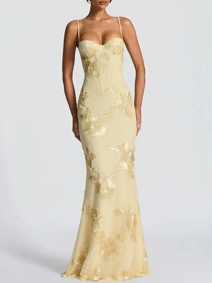 3D Floral Embroidery Corset Sweetheart Spaghetti Strap Mermaid Maxi Gown