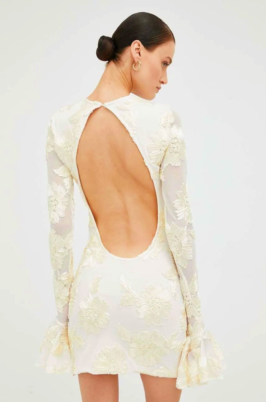3D Floral Appliqué Crew Neck Bell Cuff Long Sleeve Mini Dress